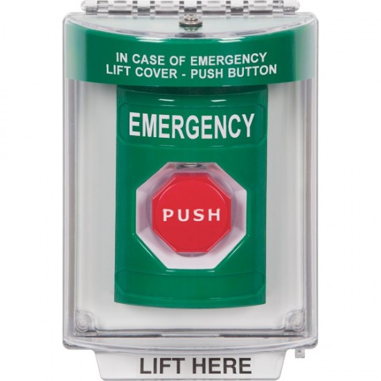 SS2135EM-EN STI Green Indoor/Outdoor Flush Momentary (Illuminated) Stopper Station with EMERGENCY Label English SS2135EM-EN STI Green Indoor/Outdoor Flush Momentary (Illuminated) Stopper Station with EMERGENCY Label English