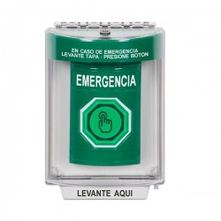 SS2136EM-ES STI Green Indoor/Outdoor Flush Momentary (Illuminated) with Green Lens Stopper Station with EMERGENCY Label Spanish