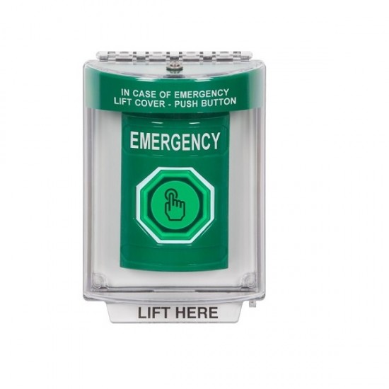 SS2137EM-EN STI Green Indoor/Outdoor Flush Weather Resistant Momentary Stopper Station w/ EMERGENCY Label