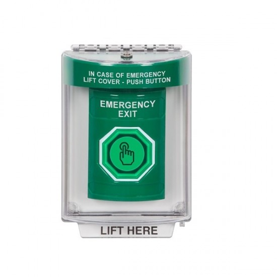 SS2137EX-EN STI Green Indoor/Outdoor Flush Weather Resistant Momentary Stopper Station w/ EMERGENCY EXIT Label