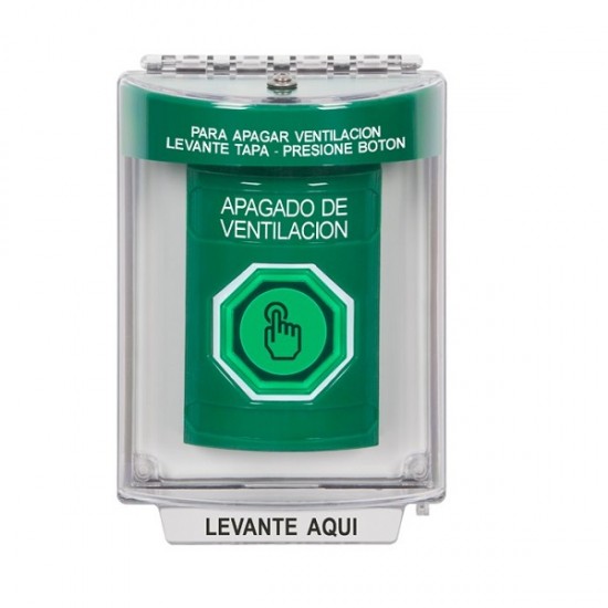 SS2137HV-ES STI Green Indoor/Outdoor Flush Weather Resistant Momentary Stopper Station w/ HVAC SHUT DOWN Spanish