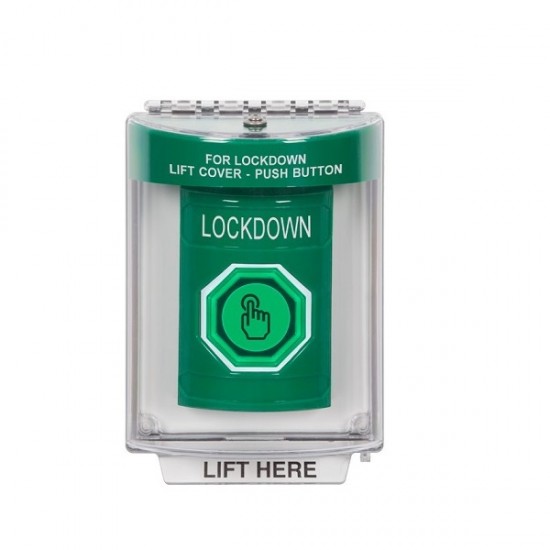 SS2137LD-EN STI Green Indoor/Outdoor Flush Weather Resistant Momentary Stopper Station w/ LOCKDOWN Label