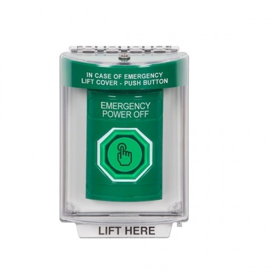 SS2137PO-EN STI Green Indoor/Outdoor Flush Weather Resistant Momentary Stopper Station w/ EMERGENCY POWER OFF Label