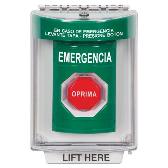 SS2138EM-ES STI Green Indoor/Outdoor Flush Pneumatic (Illuminated) Stopper Station with EMERGENCY Label Spanish