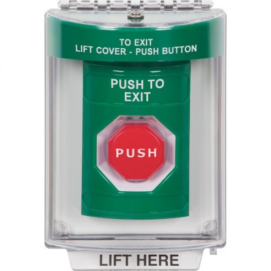 SS2138PX-EN STI Green Indoor/Outdoor Flush Pneumatic (Illuminated) Stopper Station with PUSH TO EXIT Label English