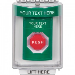SS2138ZA-EN STI Green Indoor/Outdoor Flush Pneumatic (Illuminated) Stopper Station w/ Custom Text Label