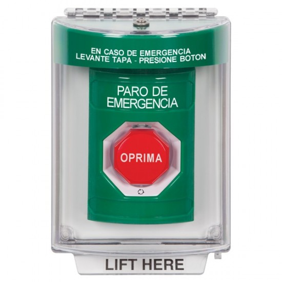 SS2139ES-ES STI Green Indoor/Outdoor Flush Turn-to-Reset (Illuminated) Stopper Station with EMERGENCY STOP Label Spanish