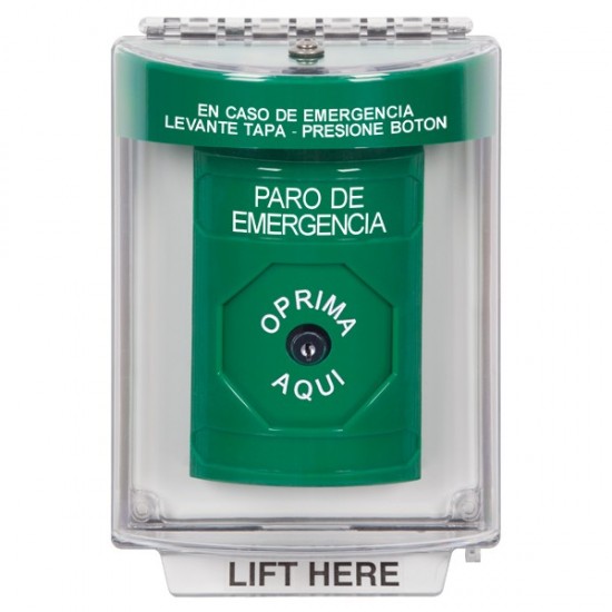 SS2140ES-ES STI Green Indoor/Outdoor Flush w/ Horn Key-to-Reset Stopper Station with EMERGENCY STOP Label Spanish