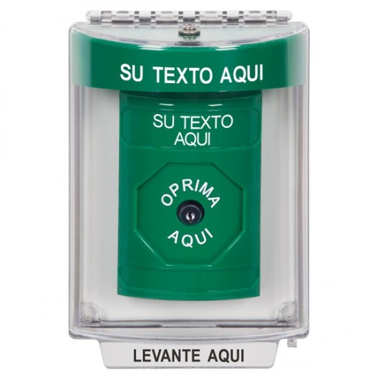 SS2140ZA-ES STI Green Indoor/Outdoor Flush w/ Horn Key-to-Reset Stopper Station with Non-Returnable Custom Text Label Spanish