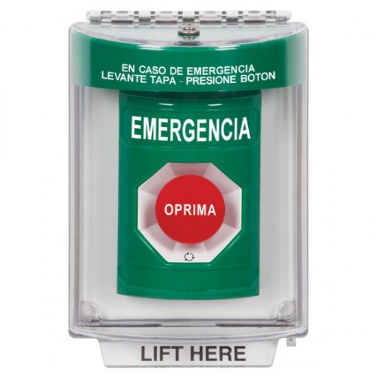 SS2141EM-ES STI Green Indoor/Outdoor Flush w/ Horn Turn-to-Reset Stopper Station with EMERGENCY Label Spanish