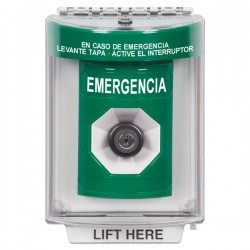 SS2143EM-ES STI Green Indoor/Outdoor Flush w/ Horn Key-to-Activate Stopper Station with EMERGENCY Label Spanish