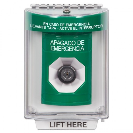 SS2143PO-ES STI Green Indoor/Outdoor Flush w/ Horn Key-to-Activate Stopper Station with EMERGENCY POWER OFF Label Spanish