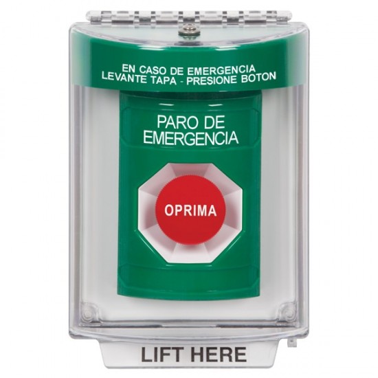 SS2144ES-ES STI Green Indoor/Outdoor Flush w/ Horn Momentary Stopper Station with EMERGENCY STOP Label Spanish