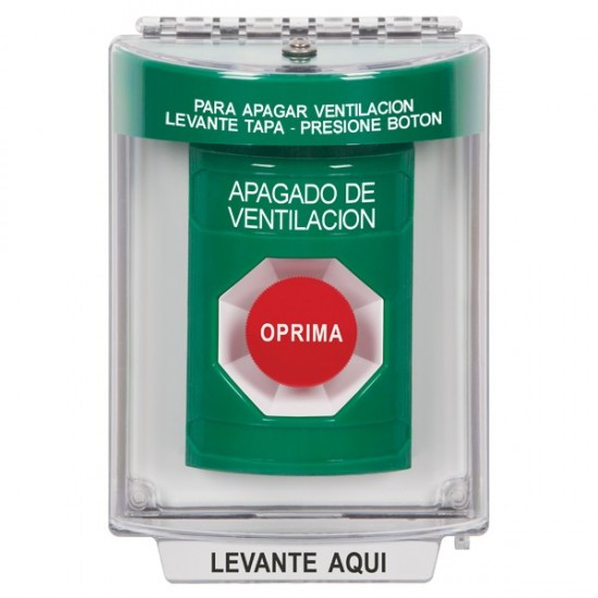 SS2144HV-ES STI Green Indoor/Outdoor Flush w/ Horn Momentary Stopper Station with HVAC SHUT DOWN Label Spanish