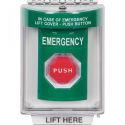 SS2145EM-EN STI Green Indoor/Outdoor Flush w/ Horn Momentary (Illuminated) Stopper Station with EMERGENCY Label English SS2145EM-EN STI Green Indoor/Outdoor Flush w/ Horn Momentary (Illuminated) Stopper Station with EMERGENCY Label English