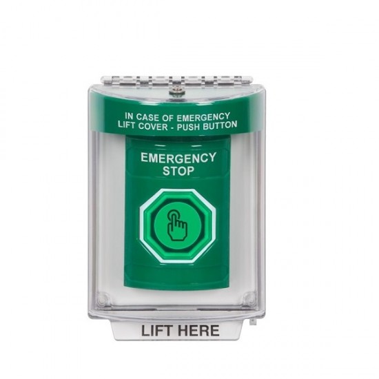 SS2147ES-EN STI Green Indoor/Outdoor Flush w/ Horn Weather Resistant Momentary Stopper Station w/ EMERGENCY STOP Label