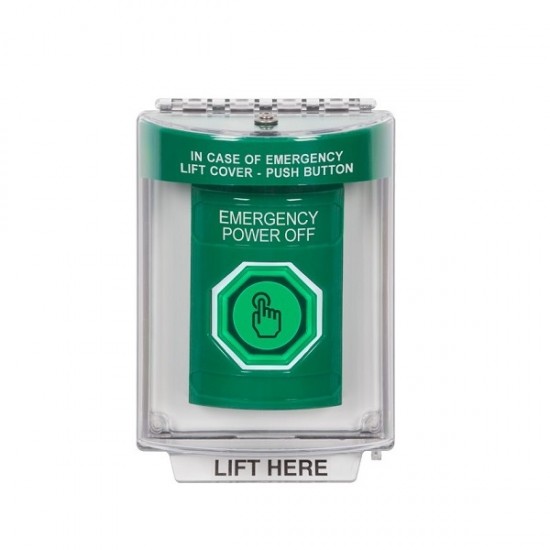 SS2147PO-EN STI Green Indoor/Outdoor Flush w/ Horn Weather Resistant Momentary Stopper Station w/ EMERGENCY POWER OFF Label