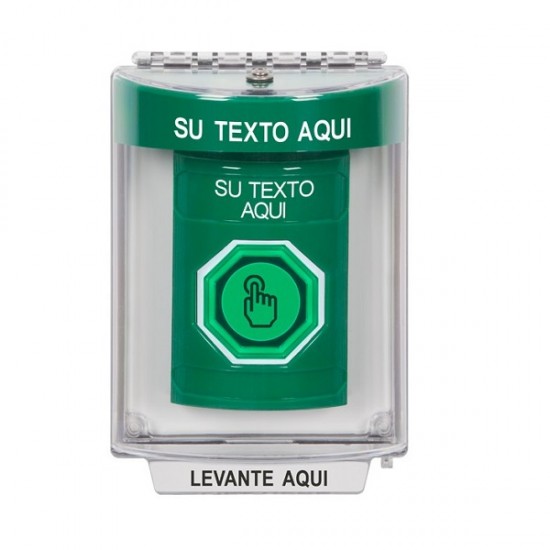SS2147ZA-ES STI Green Indoor/Outdoor Flush w/ Horn Weather Resistant Momentary Stopper Station w/ Custom Text Spanish