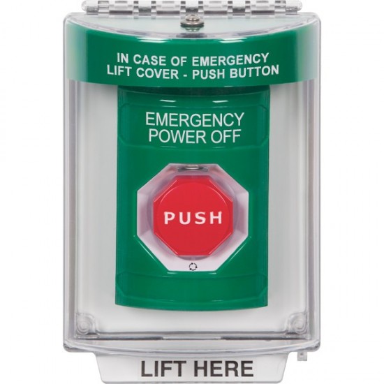 SS2149PO-EN STI Green Indoor/Outdoor Flush w/ Horn Turn-to-Reset Stopper Station w/ EMERGENCY POWER OFF Label