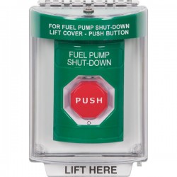 SS2149PS-EN STI Green Indoor/Outdoor Flush w/ Horn Turn-to-Reset Stopper Station w/ FUEL PUMP SHUT DOWN Label