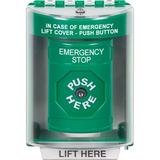 SS2170ES-EN STI Green Indoor/Outdoor Surface Key-to-Reset Stopper Station with EMERGENCY STOP Label English