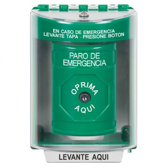 SS2170ES-ES STI Green Indoor/Outdoor Surface Key-to-Reset Stopper Station with EMERGENCY STOP Label Spanish
