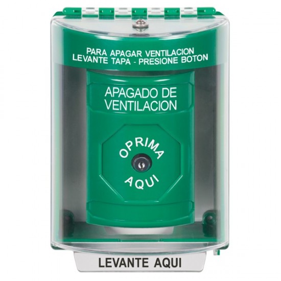 SS2170HV-ES STI Green Indoor/Outdoor Surface Key-to-Reset Stopper Station with HVAC SHUT DOWN Label Spanish