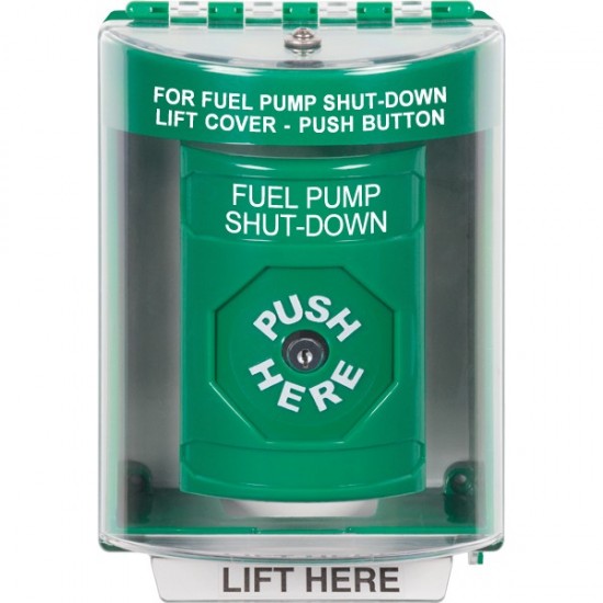 SS2170PS-EN STI Green Indoor/Outdoor Surface Key-to-Reset Stopper Station with FUEL PUMP SHUT DOWN Label English