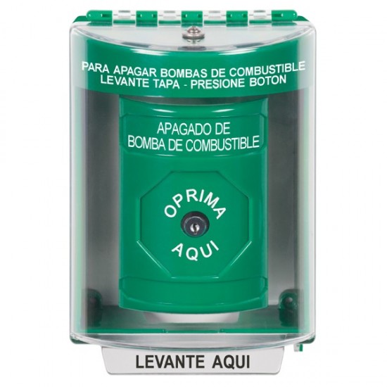 SS2170PS-ES STI Green Indoor/Outdoor Surface Key-to-Reset Stopper Station with FUEL PUMP SHUT DOWN Label Spanish