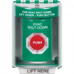 SS2171HV-EN STI Green Indoor/Outdoor Surface Turn-to-Reset Stopper Station with HVAC SHUT DOWN Label English