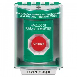 SS2171PS-ES STI Green Indoor/Outdoor Surface Turn-to-Reset Stopper Station with FUEL PUMP SHUT DOWN Label Spanish