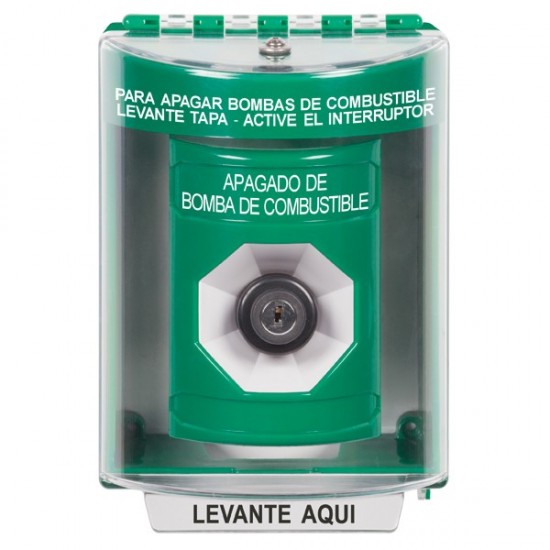 SS2173PS-ES STI Green Indoor/Outdoor Surface Key-to-Activate Stopper Station with FUEL PUMP SHUT DOWN Label Spanish