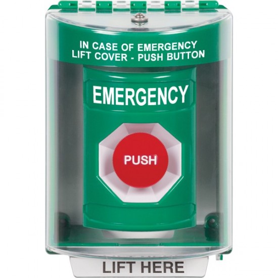 SS2174EM-EN STI Green Indoor/Outdoor Surface Momentary Stopper Station with EMERGENCY Label English SS2174EM-EN STI Green Indoor/Outdoor Surface Momentary Stopper Station with EMERGENCY Label English