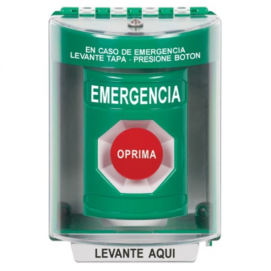 SS2174EM-ES STI Green Indoor/Outdoor Surface Momentary Stopper Station with EMERGENCY Label Spanish
