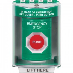 SS2174ES-EN STI Green Indoor/Outdoor Surface Momentary Stopper Station with EMERGENCY STOP Label English