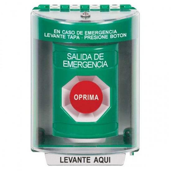 SS2174EX-ES STI Green Indoor/Outdoor Surface Momentary Stopper Station with EMERGENCY EXIT Label Spanish
