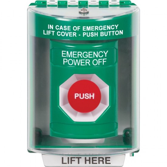 SS2174PO-EN STI Green Indoor/Outdoor Surface Momentary Stopper Station with EMERGENCY POWER OFF Label English