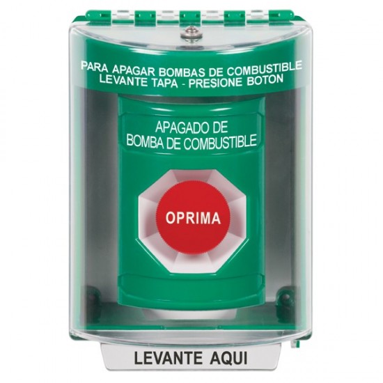 SS2174PS-ES STI Green Indoor/Outdoor Surface Momentary Stopper Station with FUEL PUMP SHUT DOWN Label Spanish