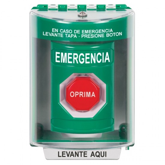 SS2175EM-ES STI Green Indoor/Outdoor Surface Momentary (Illuminated) Stopper Station with EMERGENCY Label Spanish