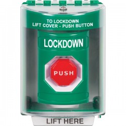 SS2175LD-EN STI Green Indoor/Outdoor Surface Momentary (Illuminated) Stopper Station with LOCKDOWN Label English