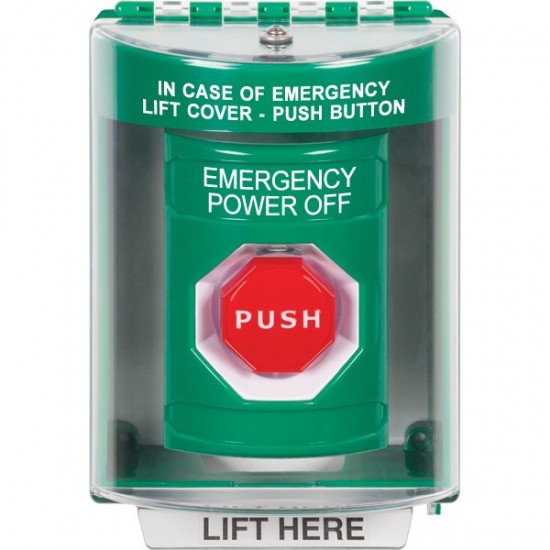SS2175PO-EN STI Green Indoor/Outdoor Surface Momentary (Illuminated) Stopper Station with EMERGENCY POWER OFF Label English