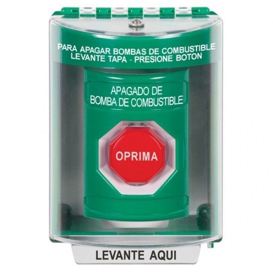 SS2175PS-ES STI Green Indoor/Outdoor Surface Momentary (Illuminated) Stopper Station with FUEL PUMP SHUT DOWN Label Spanish