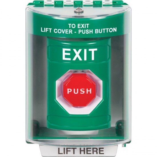SS2175XT-EN STI Green Indoor/Outdoor Surface Momentary (Illuminated) Stopper Station with EXIT Label English