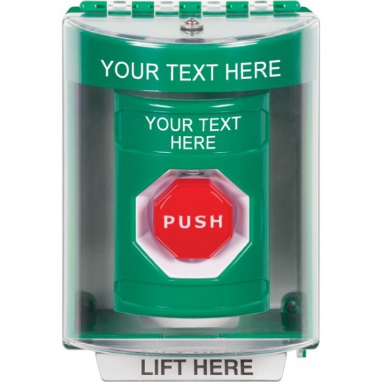 SS2175ZA-EN STI Green Indoor/Outdoor Surface Momentary Stopper Station w/ Custom Text Label
