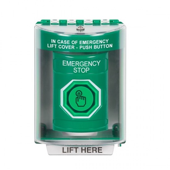 SS2176ES-EN STI Green Indoor/Outdoor Surface Momentary (Illuminated) Stopper Station w/ EMERGENCY STOP Label