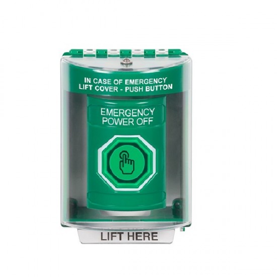 SS2176PO-EN STI Green Indoor/Outdoor Surface Momentary (Illuminated) Stopper Station w/ EMERGENCY POWER OFF Label