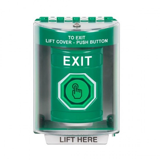 SS2176XT-EN STI Green Indoor/Outdoor Surface Momentary (Illuminated) with Green Lens Stopper Station with EXIT Label English