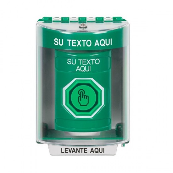 SS2176ZA-ES STI Green Indoor/Outdoor Surface Momentary (Illuminated) Stopper Station w/ Custom Text Spanish