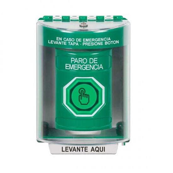 SS2177ES-ES STI Green Indoor/Outdoor Surface Weather Resistant Momentary Stopper Station w/ EMERGENCY STOP Spanish