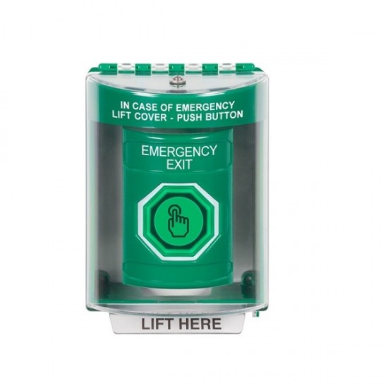 SS2177EX-EN STI Green Indoor/Outdoor Surface Weather Resistant Momentary Stopper Station w/ EMERGENCY EXIT Label